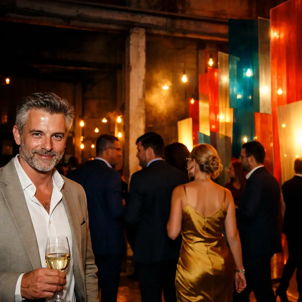 Hosté moderního českého eventu v pohybu mezi barevnou scénografií a světlem