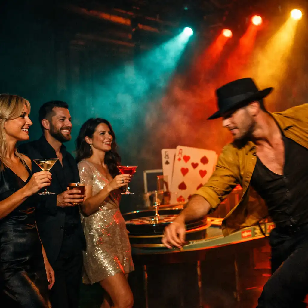 Hosté s koktejly a performer během večerního eventu v barevném světle