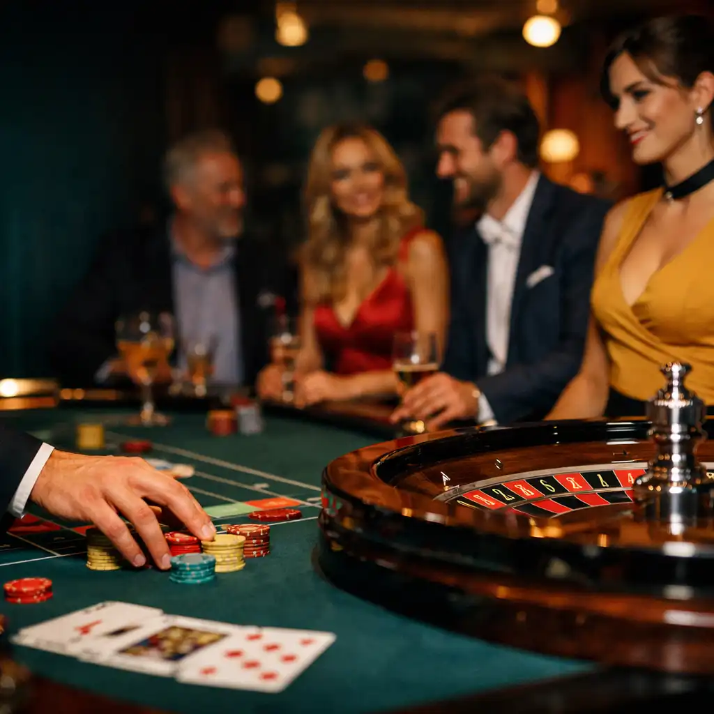 Ruka hosta posouvá žetony u ruletového stolu během společenského eventu, v pozadí jsou hosté a hosteska.