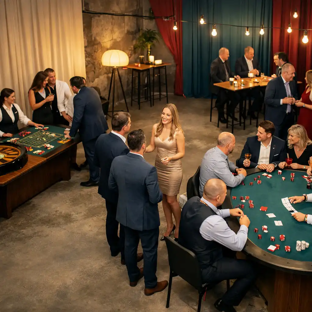 Hosté s koktejly a hosteska u ruletového a pokerového stolu v moderním eventovém prostoru.
