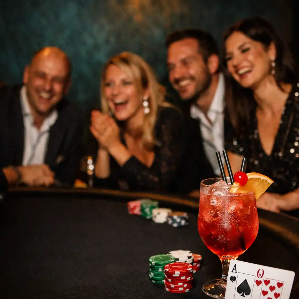 Skupina hostů se směje u pokerového stolu, v popředí je koktejl, karty a žetony v intimní večerní atmosféře.