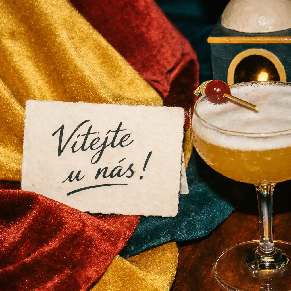 Detail papírové cedulky, textilie a koktejlu na tematickém eventu