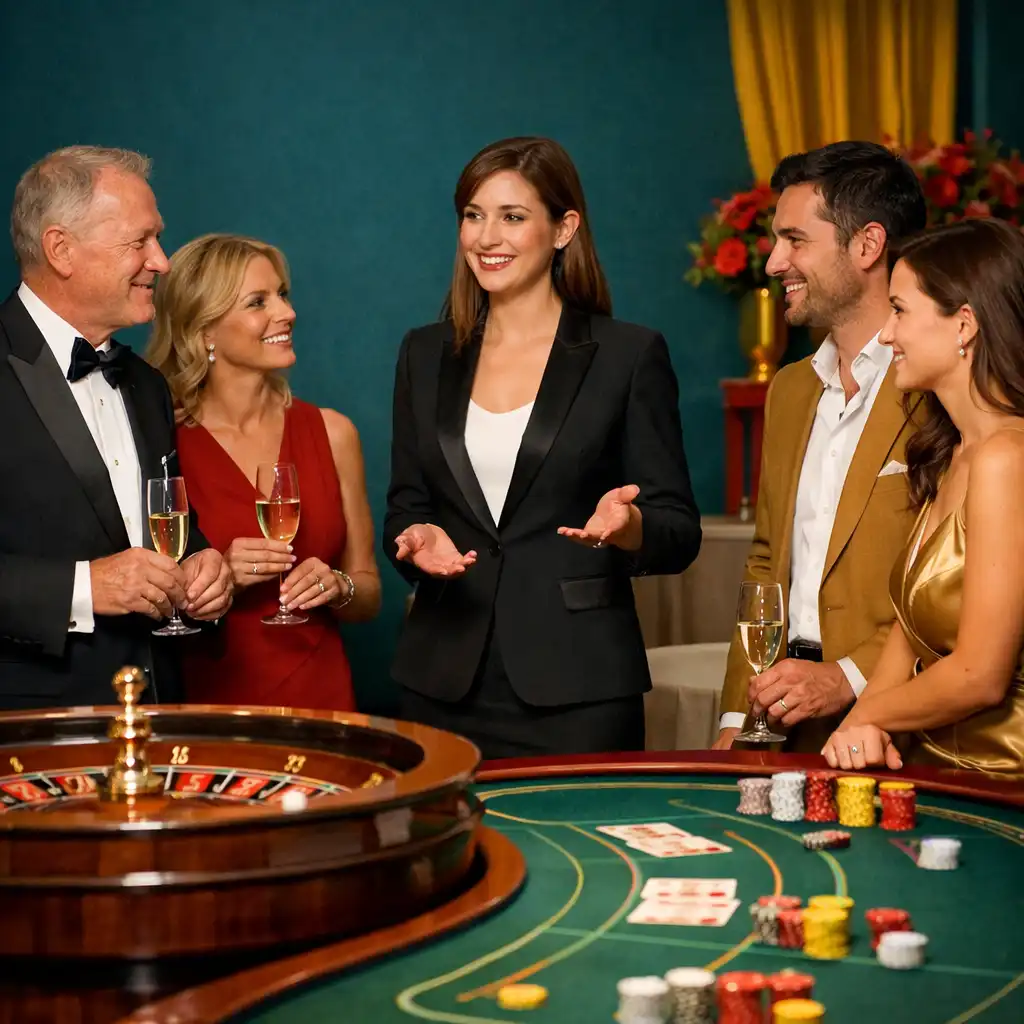 Hosté a profesionální hosteska u ruletového a pokerového stolu během společenského eventového večera.